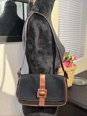 vintage Jones New York Black Canvas Bag with Brown Leather Trim Rare